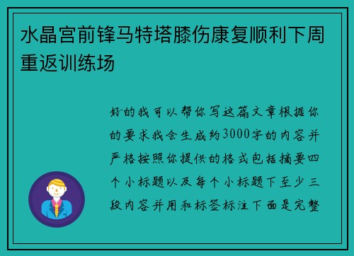 水晶宫前锋马特塔膝伤康复顺利下周重返训练场
